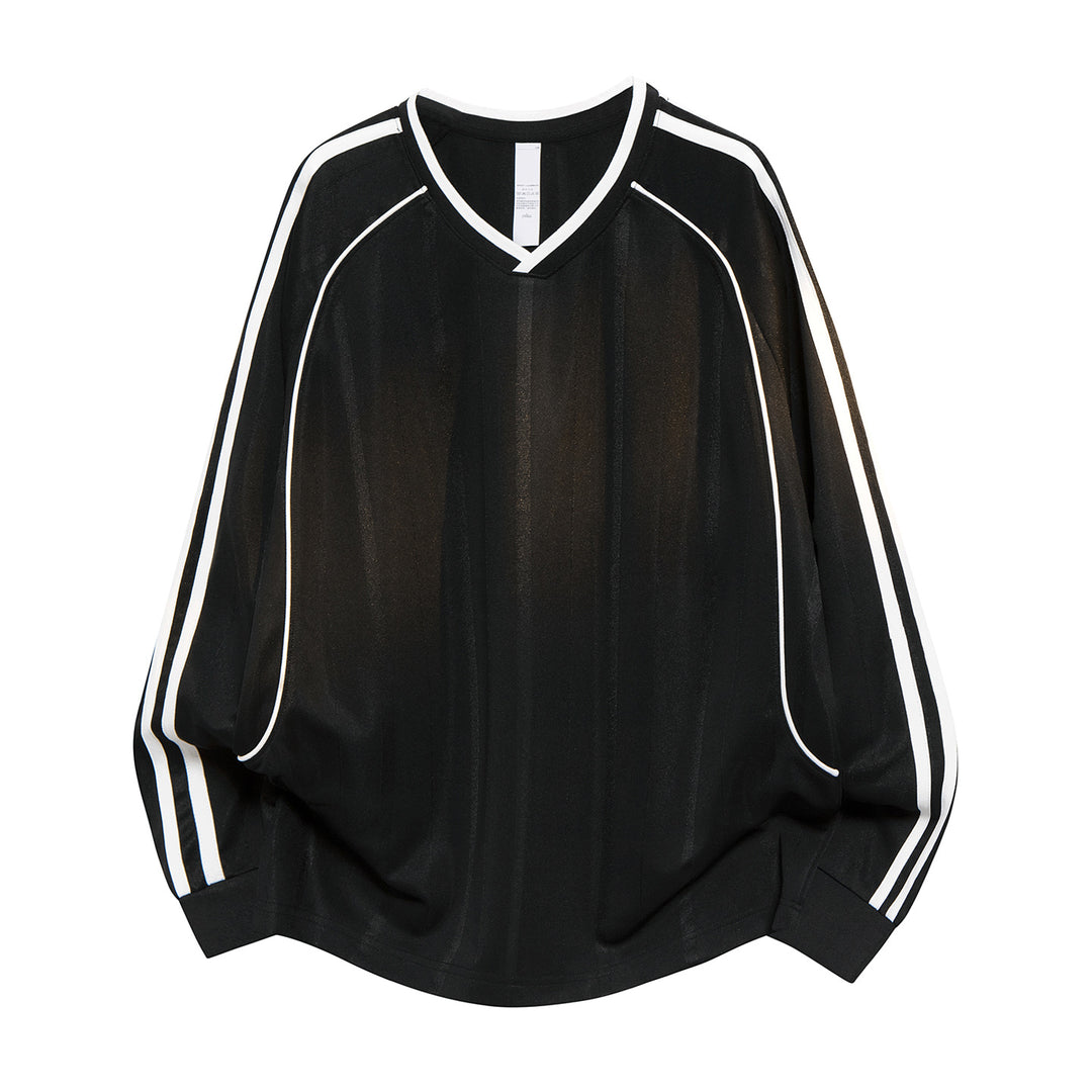 Damen Weites V-Ausschnitt Oversize-Sportshirt mit Raglanärmeln und Kontraststreifen Mune Fashion