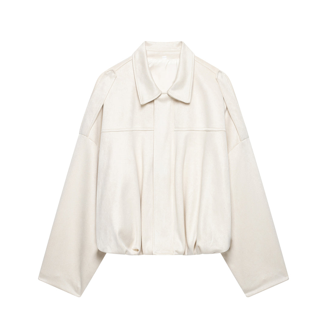 Women's Cropped Boxy Jacket made of velour look with shirt collar, wide raglan sleeves and drawstring Mune Fashion