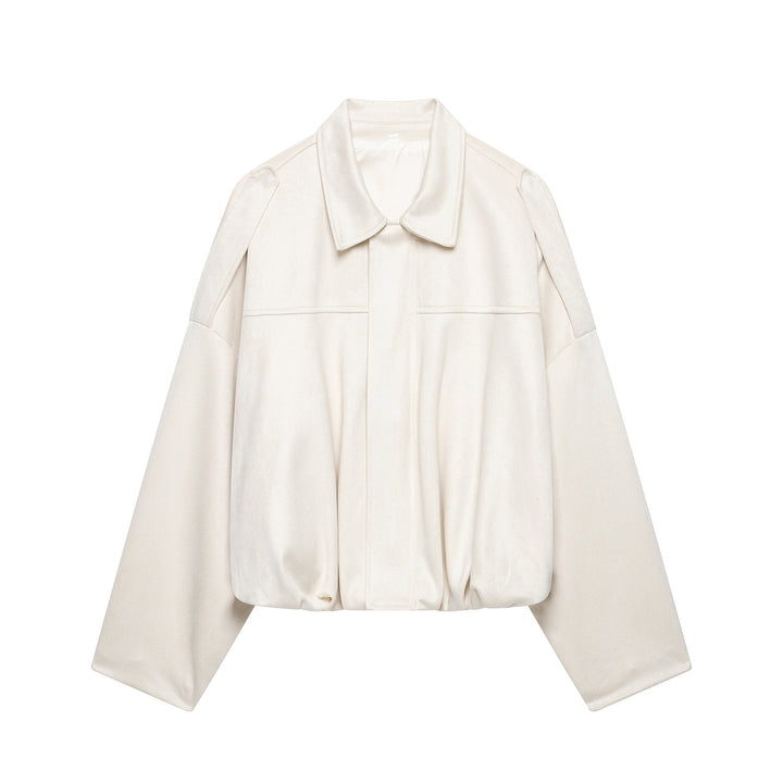 Women's Cropped Boxy Jacket made of velour look with shirt collar, wide raglan sleeves and drawstring Mune Fashion