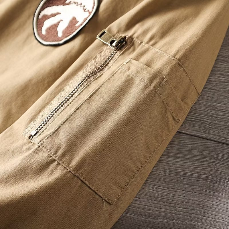 Men's Casual Bomber Jacket with Zipper, Chest Patch and Sleeve Pocket Detail Mune Fashion