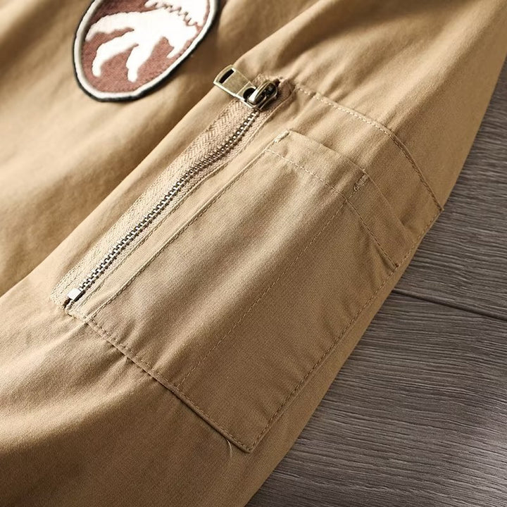 Men's Casual Bomber Jacket with Zipper, Chest Patch and Sleeve Pocket Detail Mune Fashion