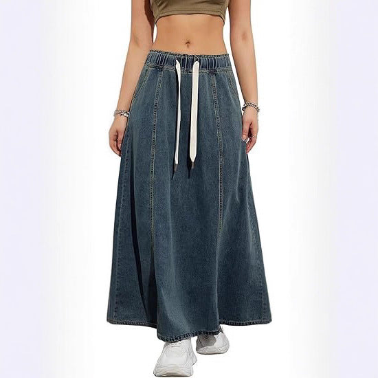 Women Longer A-Line Denim Skirt with Elastic Waistband and Cord Mune Fashion