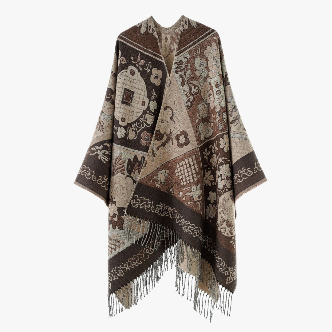 Women Jacquard Wool Blend Poncho with Patchwork Flower Pattern and Fringed Hem Mune Fashion