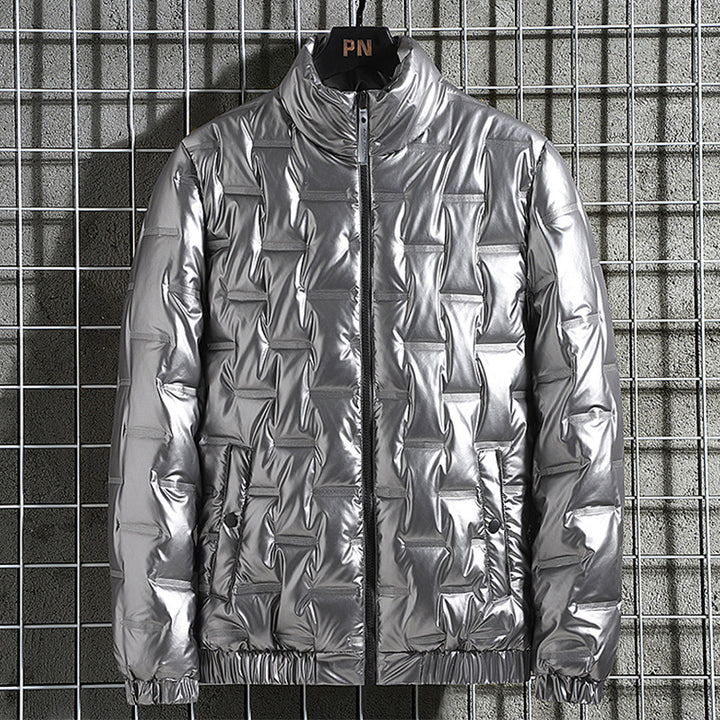 Men's Shiny Quilted Jacket with Geometric Quilting and Stand-up Collar Mune Fashion