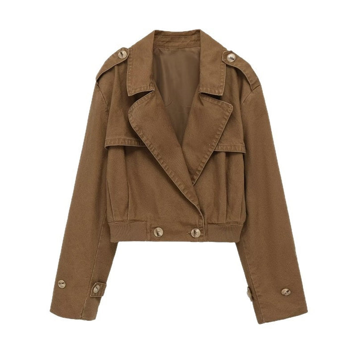 Women's Short Cut Utility Jacket in Field Style with Wide Lapels and Tailored Waistband Mune Fashion