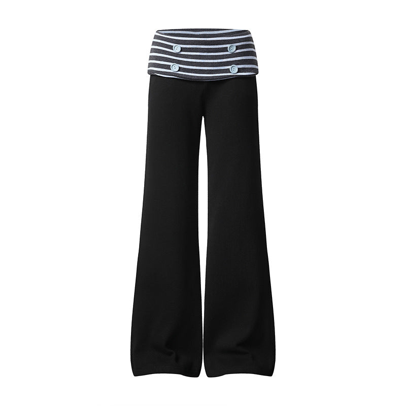 Women's Wide Loungewear Pants with Cuffable Striped Waistband and Decorative Buttons Mune Fashion