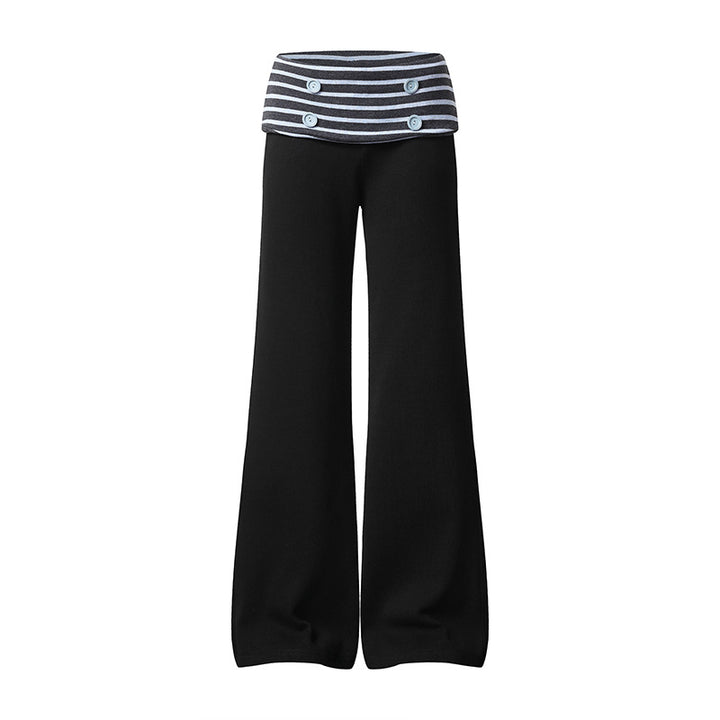 Women's Wide Loungewear Pants with Cuffable Striped Waistband and Decorative Buttons Mune Fashion
