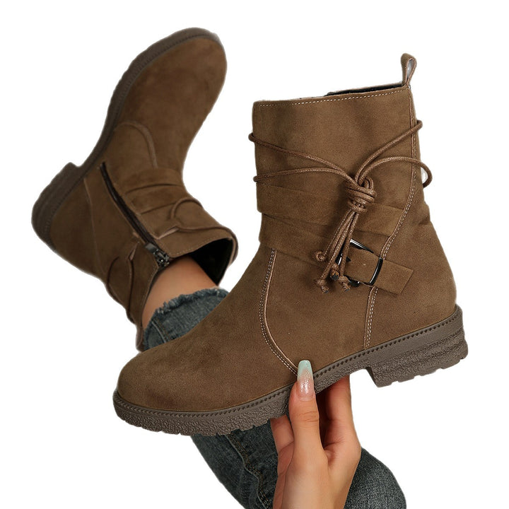 Ladies ankle-high suede-look ankle boots with leopard print pleat, side zipper and decorative buckle Mune Fashion