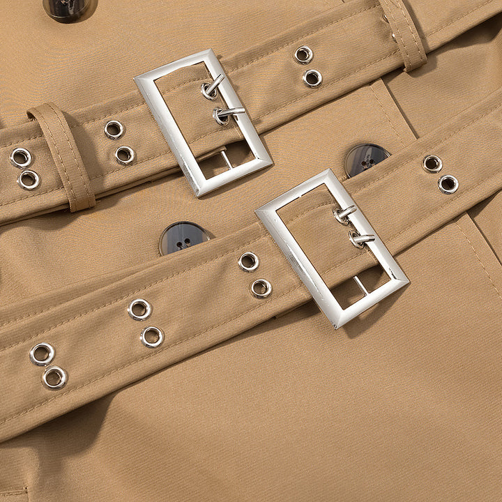 Women's Long Double-Breasted Trench Coat with Tailored Double Belt, Balloon Sleeves and Epaulettes Mune Fashion