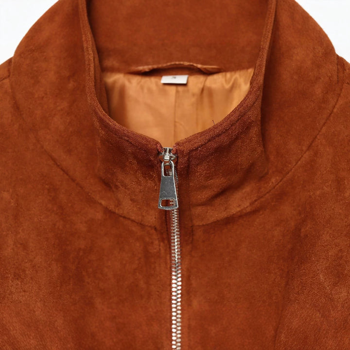 Women's Short-cut Suede Blouson with Stand Collar and Zipper Drune