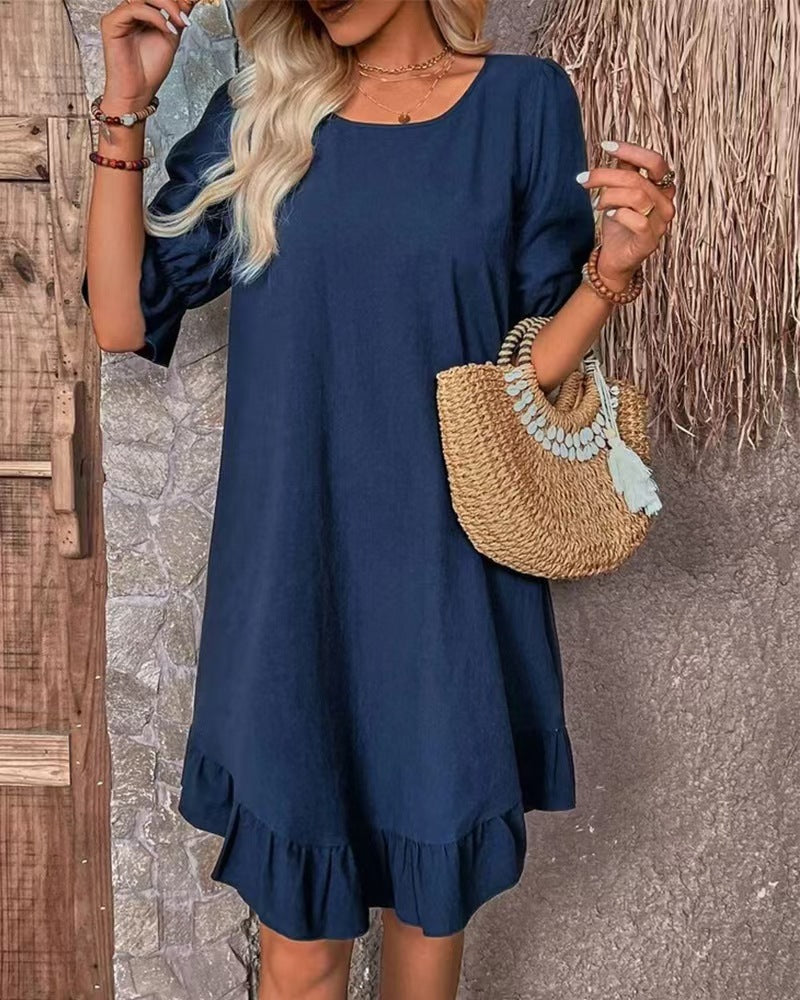 Women's lightweight A-line dress with ruffle hem and three-quarter sleeves made of linen blend Mune Fashion