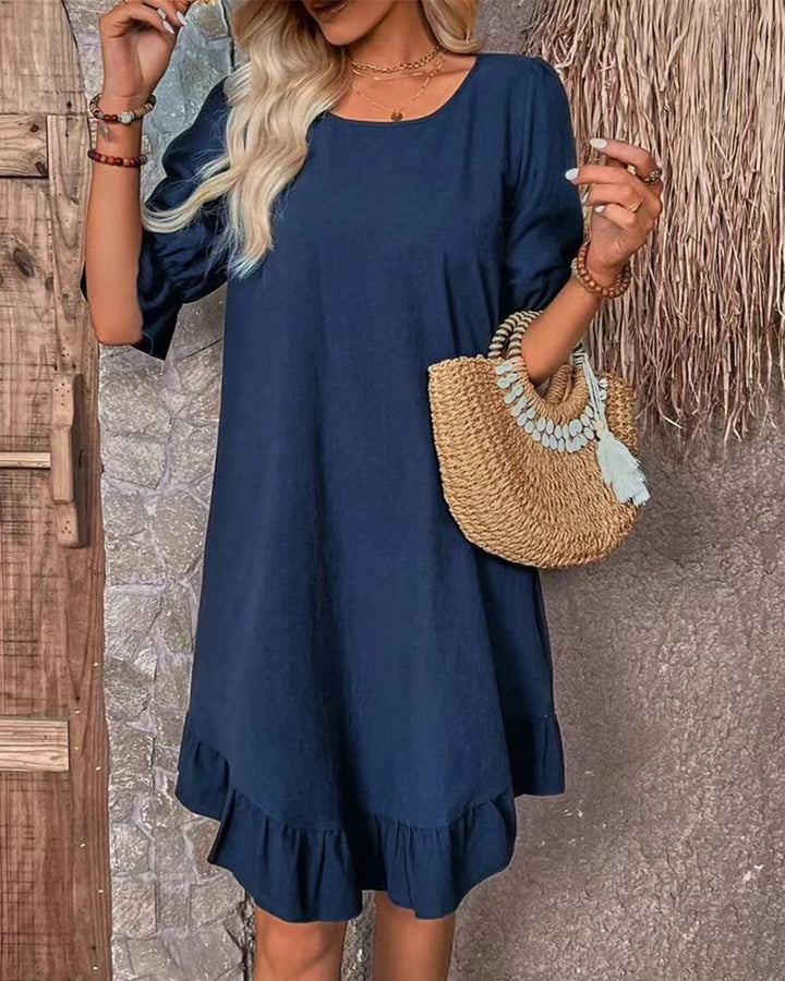 Women's lightweight A-line dress with ruffle hem and three-quarter sleeves made of linen blend Mune Fashion