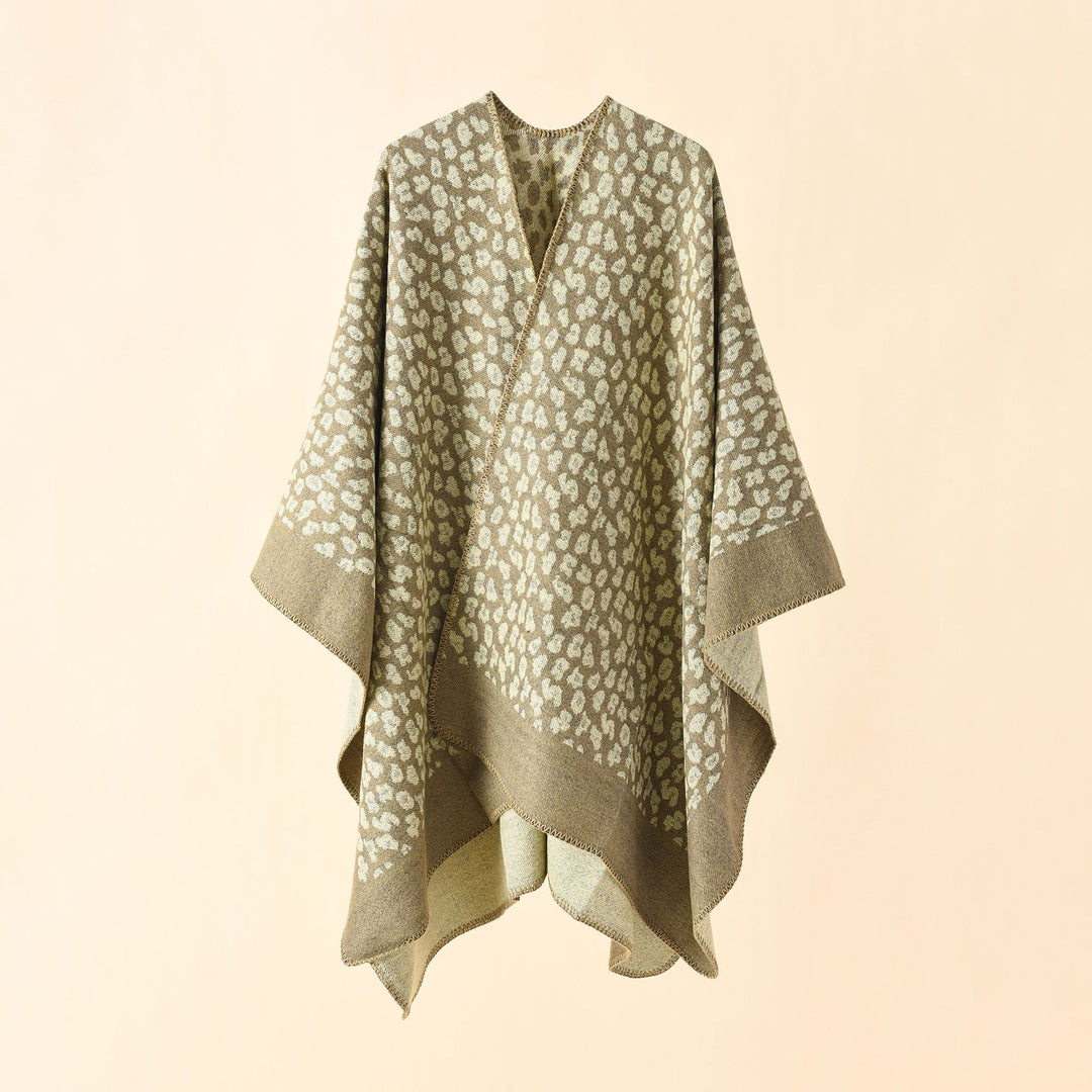 Women Wool Blend Ruana with tonal leopard jacquard and boxy kimono drape