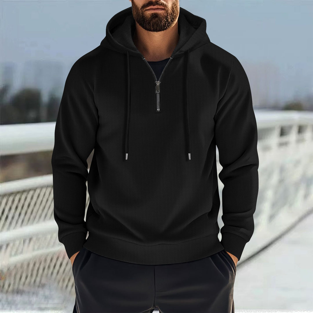 Men's Hooded Sweatshirt with Half Zipper and Fine Waffle Structure Mune Fashion