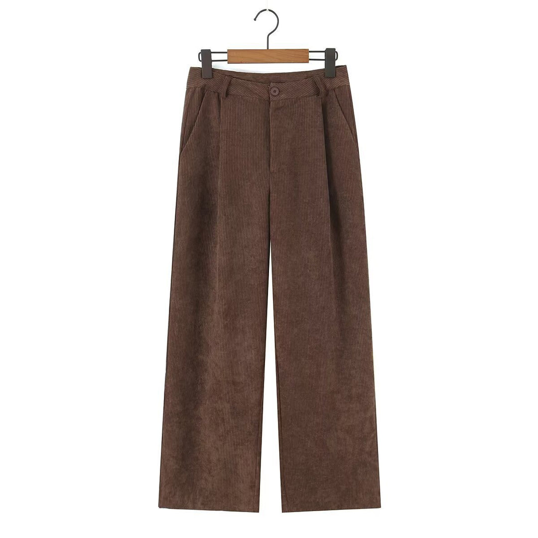 Women High-Waisted Cord Pants with Wide Leg and Pleats Mune Fashion