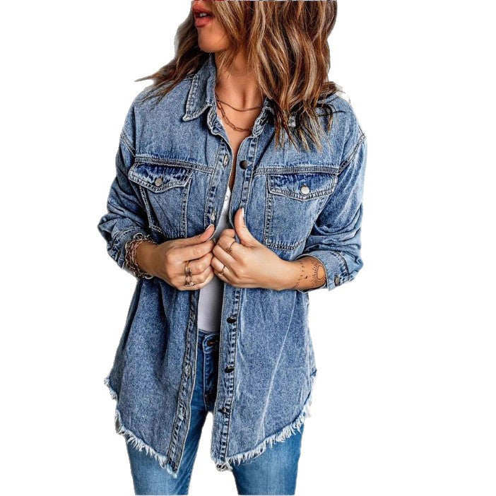 Women's Oversized Denim Jacket with Flap Pockets, Used Look and Raw Hem Mune Fashion