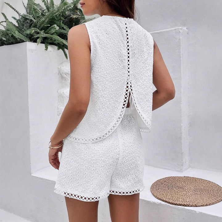 Women's sleeveless lace embroidery two-piece with high-neck top and elastic waist pants Mune Fashion