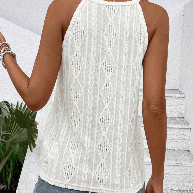 Women's airy lace-knit top with high halter neck, sleeveless fit, and loose hem Mune Fashion
