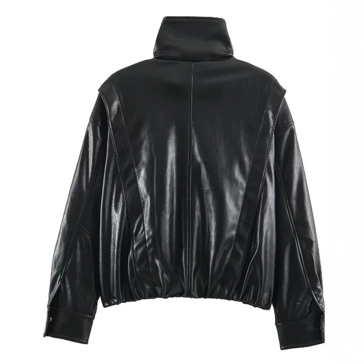 Women Short Blouson made of Artificial Leather with Double-Breasted Button Placket and Shoulder Cape Mune Fashion