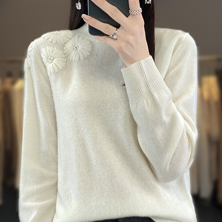 Women Soft Fine Knit Sweater with Short Stand-Up Collar, 3D Flower Application and Ribbed Cuffs Mune Fashion