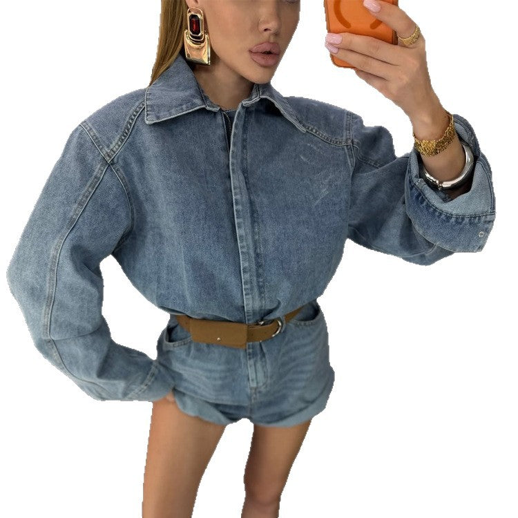 Women's Denim Shorts Overall with Boxy Shirt Top and Waist Belt Mune Fashion