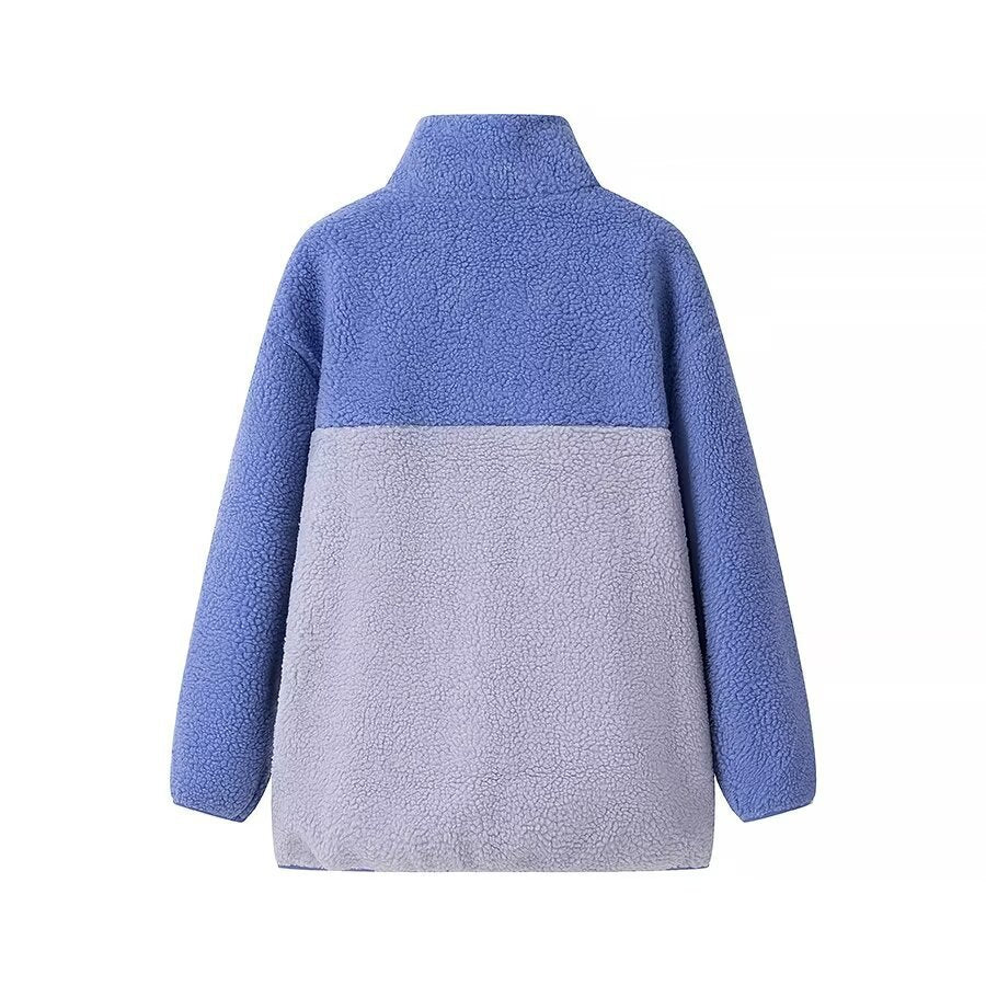 Women's Oversize Teddy-Fleece Jacket with Stand-Up Collar, Zipper Pockets and Nylon Chest Pocket Mune Fashion