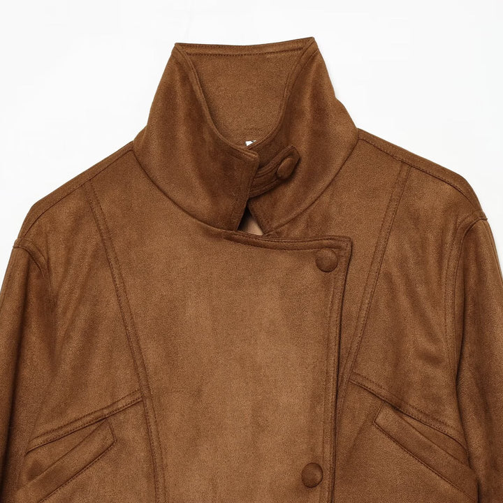 Women's tailored short jacket made of soft suede imitation with asymmetrical button placket and tie belt Mune Fashion