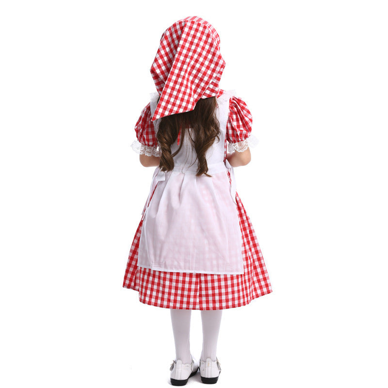 Ladies traditional farmer girl dress with lace apron and hood Mune Fashion