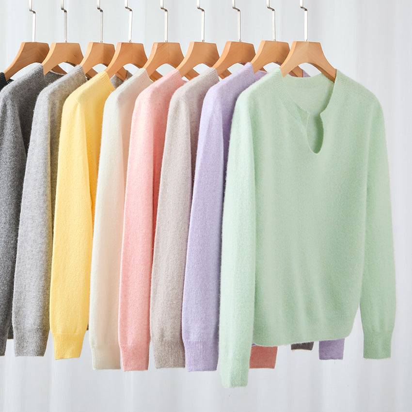 Women's Fine Knit Sweater with Notch Collar and Angora Look Mune Fashion