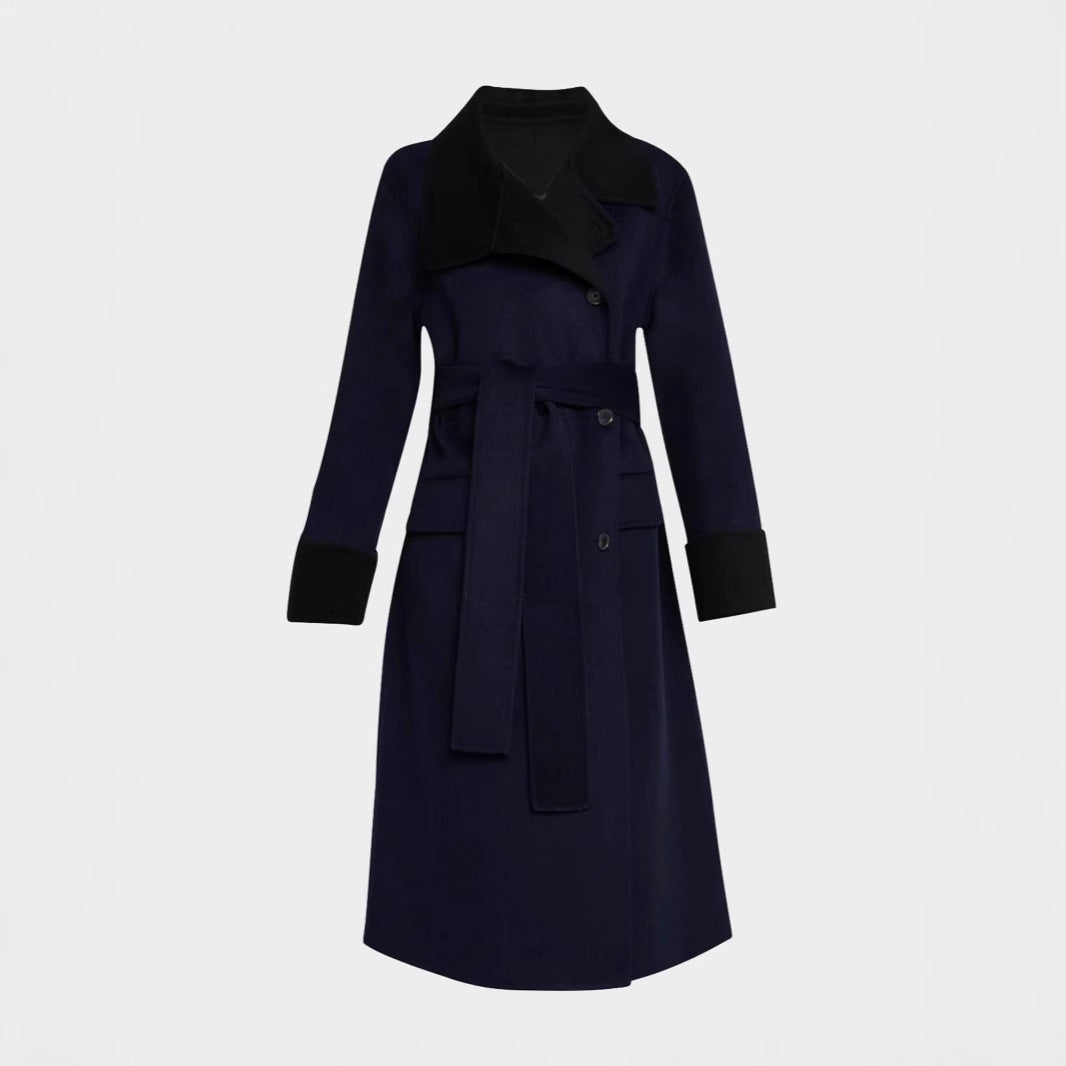 Women's tailored wool blend coat with tie belt, contrast lapel and flap pockets Mune Fashion