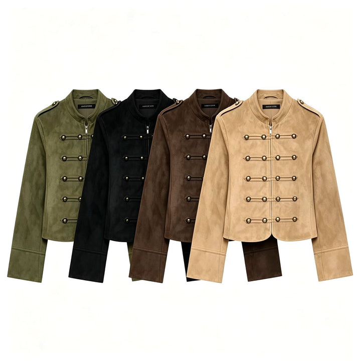 Women’s short military-style jacket made of velour imitation with stand-up collar, epaulettes, and decorative button placket Mune Fashion