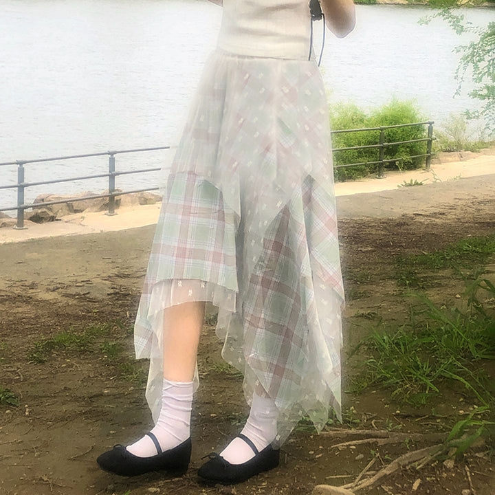 Women asymmetrical layered skirt with checkered underskirt and transparent tulle overlay Mune Fashion