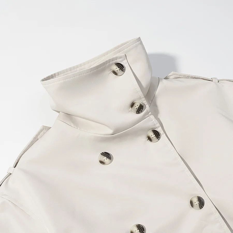 Women's long double-breasted trench coat with high stand collar and tie belt Mune Fashion