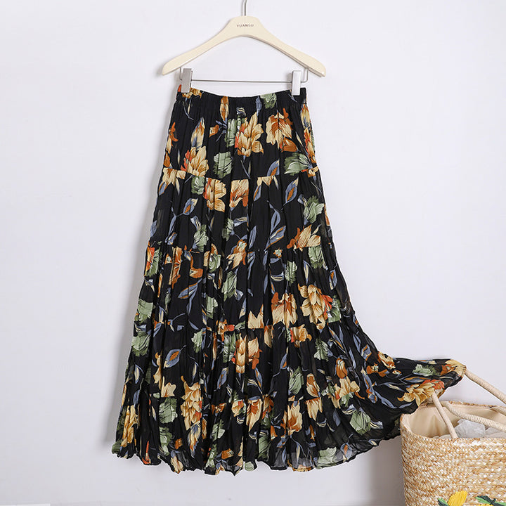 Women's flowing midi maxi skirt with multi-layered tiered design and fine pleated look Mune Fashion