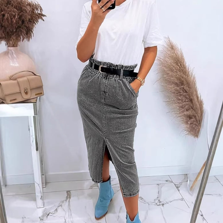 Women's High-Waisted Paperbag Denim Midi Skirt with Front Slit and Tied Belt Mune Fashion