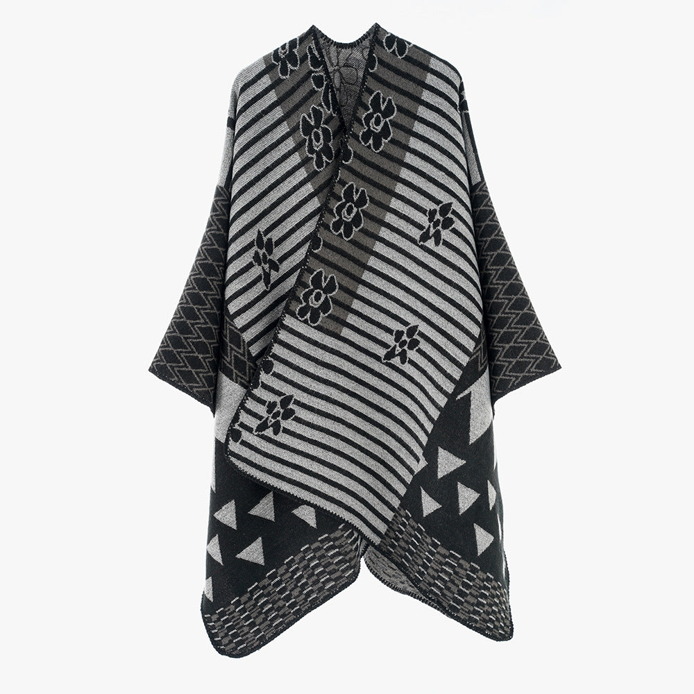 Women's Oversize Jacquard Ruana in Ethno Patchwork Design Mune Fashion