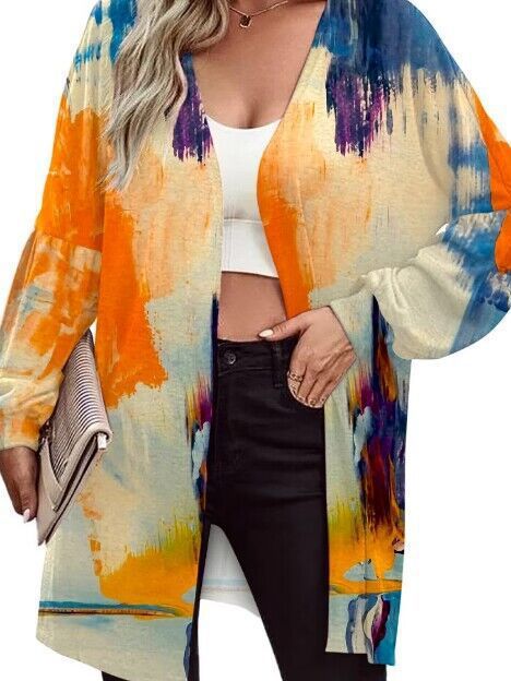 Women Lightweight Open Long Cardigan with Feather Motif and Oversized Sleeves Mune Fashion