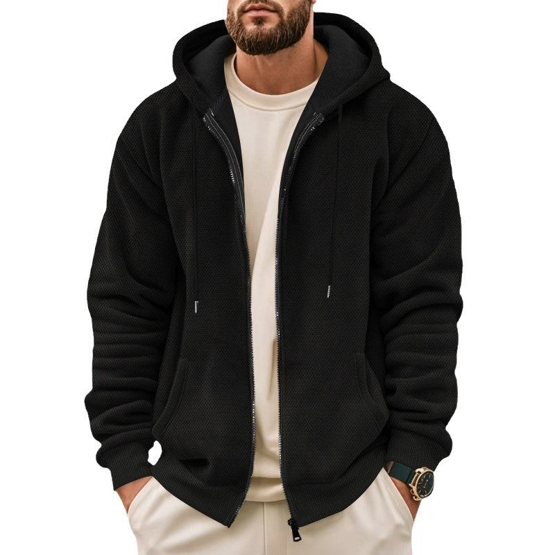 Men's waffle structure hooded jacket with full zip, concealed side pockets, and ribbed hem Mune Fashion