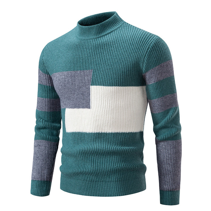 Men's chunky knit sweater with stand-up collar and contrasting block stripe pattern Mune Fashion
