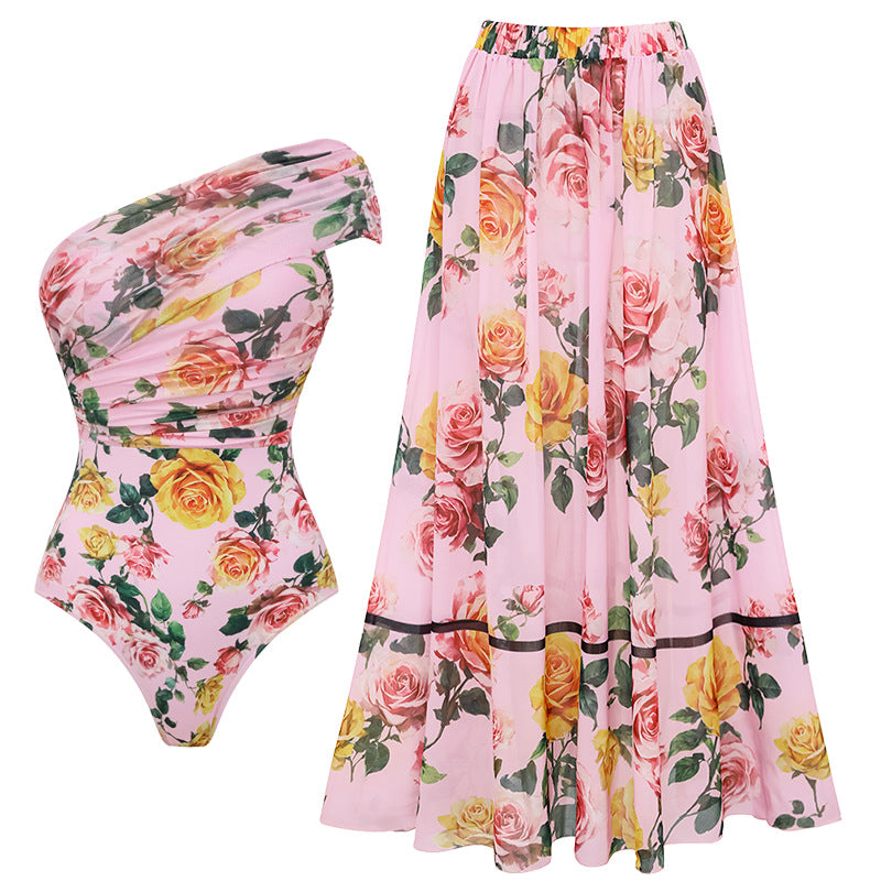 Women's One-Sided Swimsuit with Floral Draping Design Mune Fashion