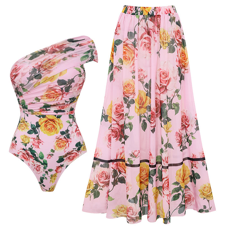 Women's One-Sided Swimsuit with Floral Draping Design Mune Fashion
