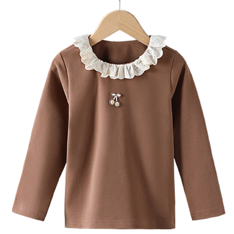Girl Long Sleeve Shirt with Ruffled Collar and Charming Application Detail Mune Fashion