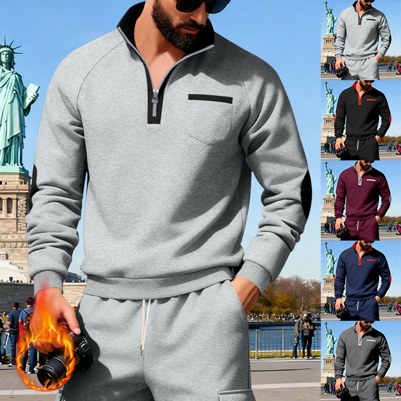 Men's Fleece Quarterzip Pullover with Chest Pocket and Elbow Patches Mune Fashion