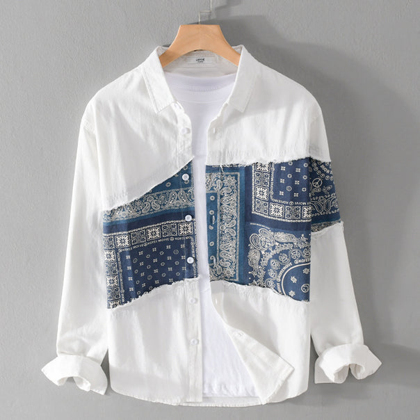 Men's Patchwork Shirt Jacket with Bandana Insert, Raw Edges and Loose Fit Mune Fashion