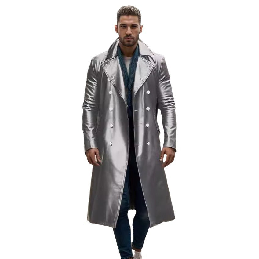 Men's Long Shiny Faux Leather Trench Coat with Double Breasted and Distinctive Lapel Mune Fashion