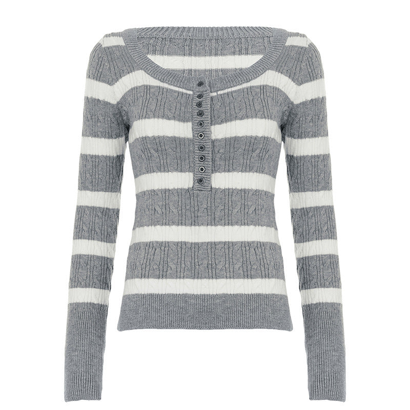 Women's striped fine-knit pullover with cable pattern and button placket Mune Fashion