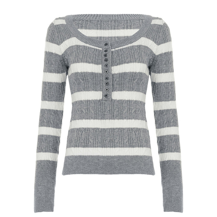 Women's striped fine-knit pullover with cable pattern and button placket Mune Fashion