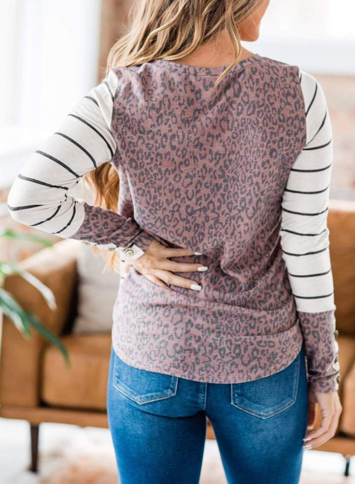 Women's Casual Striped Long Sleeve Shirt with Button Cuffs and Leopard Contrast Mune Fashion