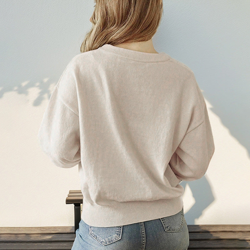 Women's Loose Round Neck Sweater with Dropped Shoulder and Ribbed Cuff Mune Fashion