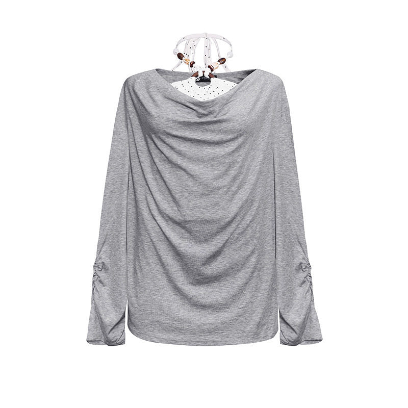 Women Long Draped Long Sleeve Shirt with Waterfall Collar and Gathered Sleeves Mune Fashion